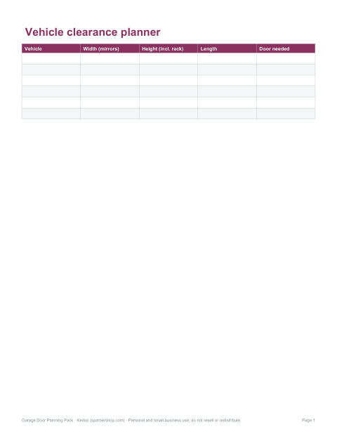 Preview of the first page of Vehicle planner (PDF/DOCX/XLSX)