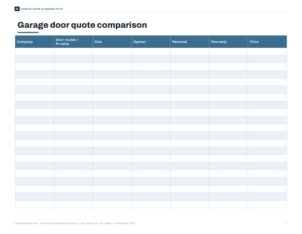 Preview of Printable Garage Door Quote Comparison Sheet