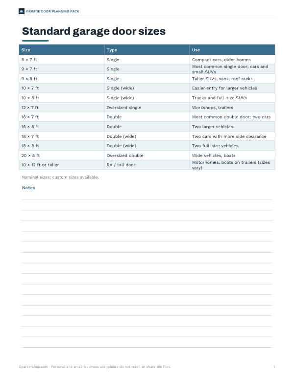 Preview of Printable Garage Door Size Chart