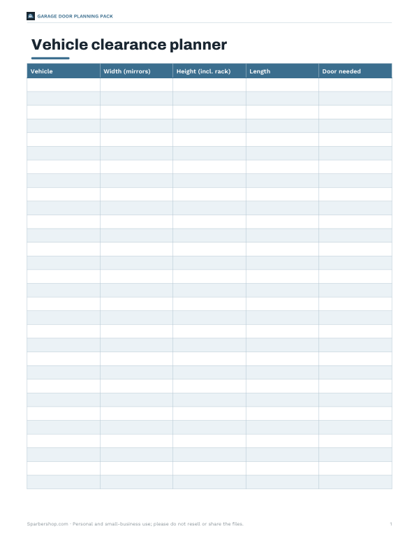 Preview of Printable Garage Door Size Chart